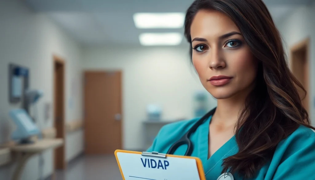 Nurse holding clipboard reflecting on challenges of the VDAP Program in a hospital setting.