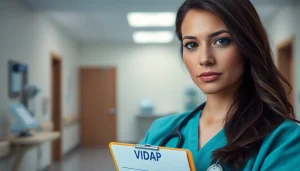 Nurse holding clipboard reflecting on challenges of the VDAP Program in a hospital setting.