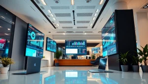 Showcasing a Cloud-based digital signage solution in a bright modern office filled with vibrant visuals.