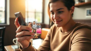 View Instagram stories on a smartphone in a cozy cafe setting with warm lighting.