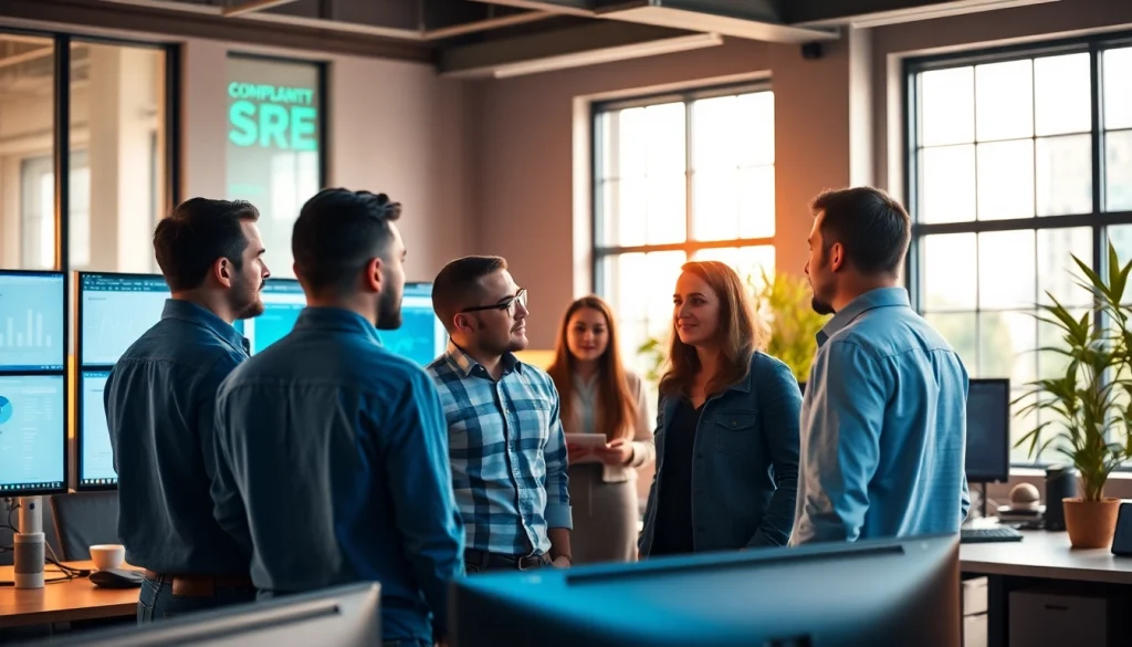 Site reliability engineering experts collaborating in a modern office environment, fostering innovation and teamwork.