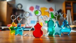 Showcasing vibrant acrylic keychain custom designs in a creative workspace setting.