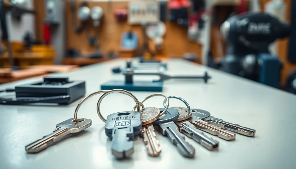 Examine truck keys displayed on a workbench, highlighting their details and craftsmanship.