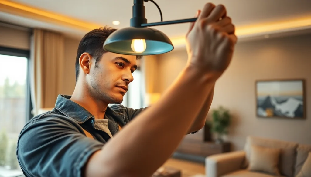 Electrician performing Electrical Service task in a well-lit modern home environment.