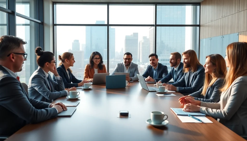 Engaged professionals at a meeting discussing strategies for http://Avtales.com in a modern office.
