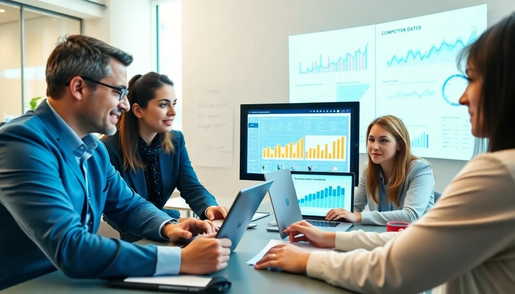 Analyze find competitor customer list with business professionals at a modern office setup