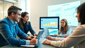 Analyze find competitor customer list with business professionals at a modern office setup