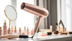 Lightweight hair dryer showcased beside beauty products on a vanity.