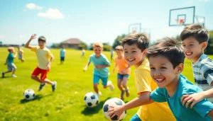 Active boys participating in Multi Sports Camps for Boys, playing soccer and basketball outdoors.