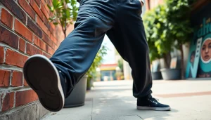 Model wearing black baggy sweatpants against a vibrant urban backdrop.