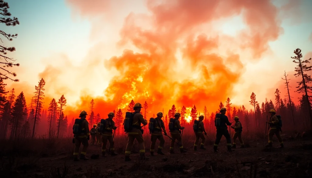 Capturing firefighters battling wildfire events amidst a blazing forest against a dramatic sunset.