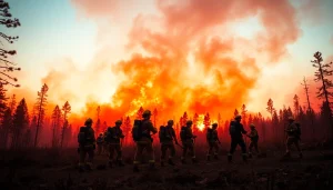 Capturing firefighters battling wildfire events amidst a blazing forest against a dramatic sunset.