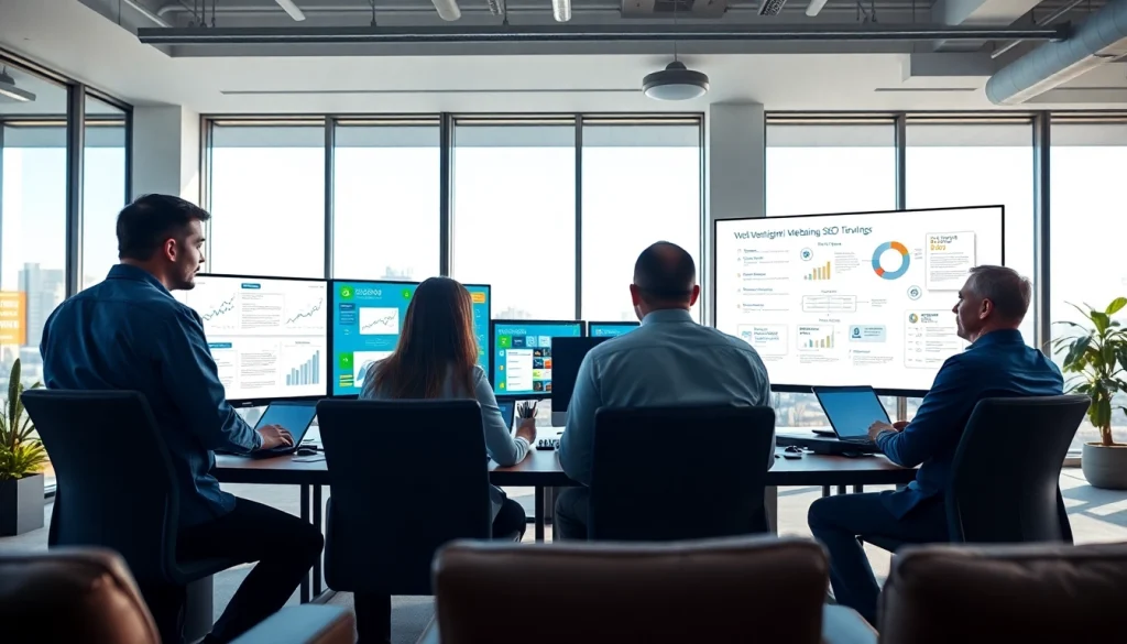 Team working on website design and seo companies in a modern office setting