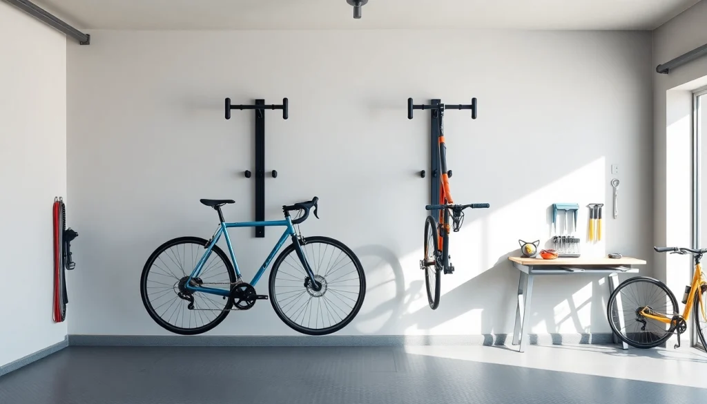 Organized indoor bike storage showcasing wall-mounted racks with vibrant bikes.