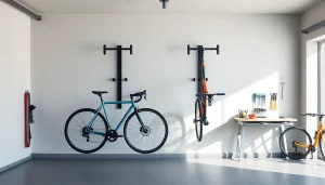 Organized indoor bike storage showcasing wall-mounted racks with vibrant bikes.