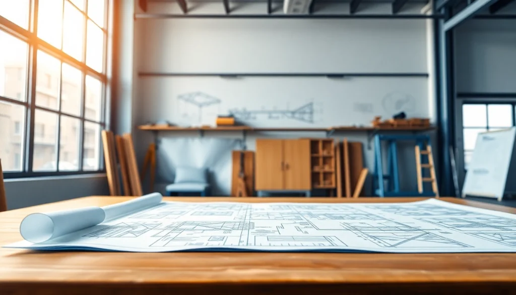 Analyze steel structure design with detailed engineering blueprints and tools in a bright studio