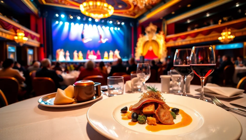 Diners enjoying las vegas dinner shows while admiring a live performance with gourmet meals.