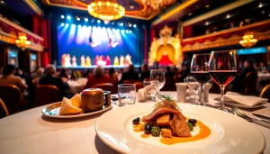 Diners enjoying las vegas dinner shows while admiring a live performance with gourmet meals.
