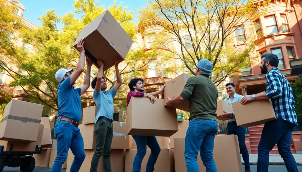 Brooklyn movers efficiently collaborating while moving boxes in a sunny neighborhood.