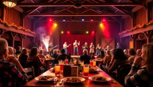 Enjoying a lively show at the firelight barn dinner theater with BBQ dinner and entertainment.