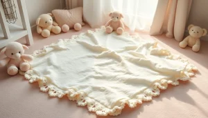 Cozy baby blanket lays on the nursery floor surrounded by plush toys, evoking warmth and comfort.