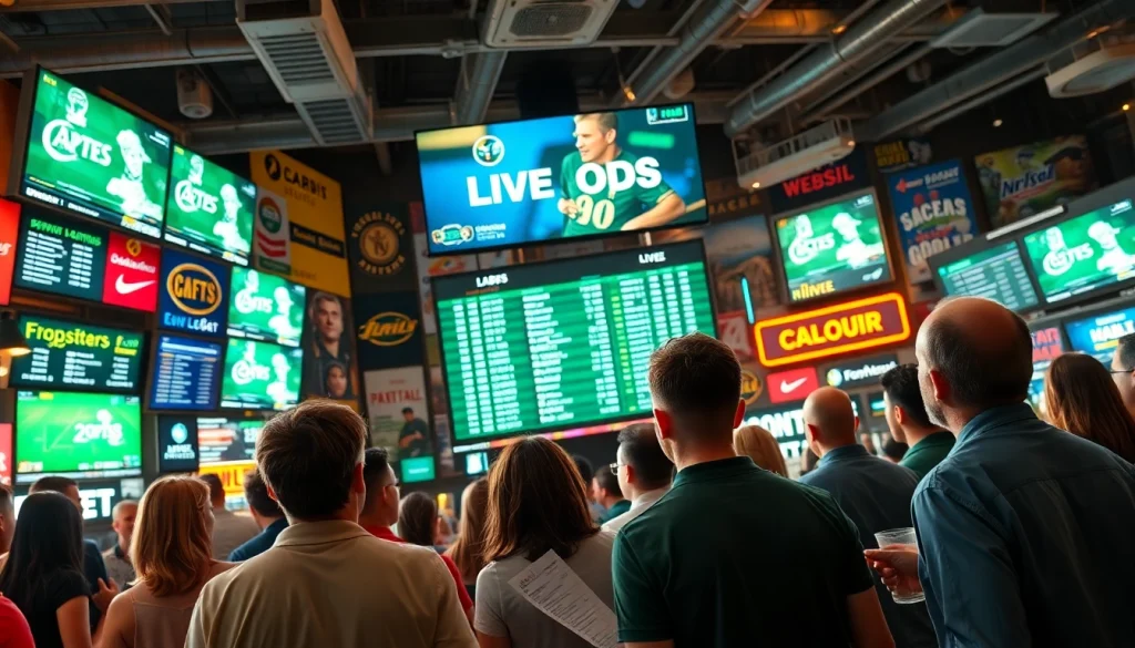 Engaging scene of bettors interacting with Live Odds displayed in a vibrant sportsbook.