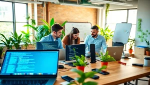 Creative collaboration in website development Kansas City, with a diverse team engaged in coding and design.