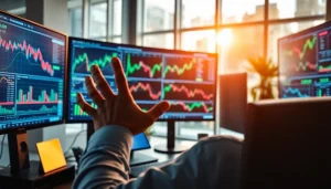 Engaged trader using Forex Signals Telegram for market analysis in a modern office.