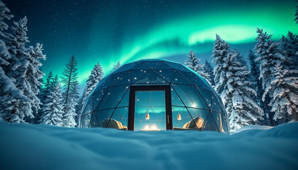 Experience igloo hotels lapland with cozy glass igloos under the northern lights.