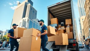 Queens movers expertly handle moving boxes in a bustling city setting.