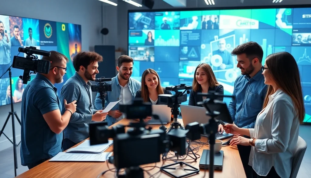 Engaging crowdfunding video production team collaborating in a bright studio atmosphere.