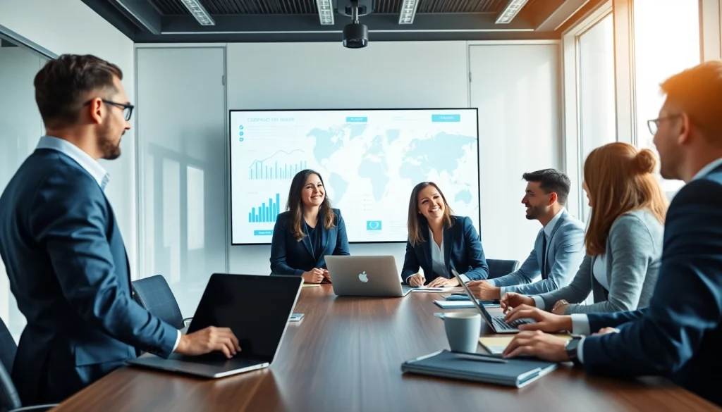 Engaged team discussing corporate travel solutions in a modern office setting.